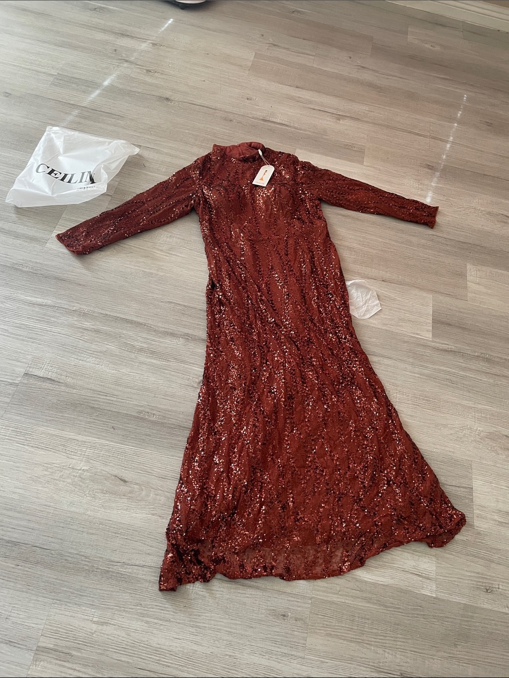 Rust Sequin Long Sleeve Evening Gown